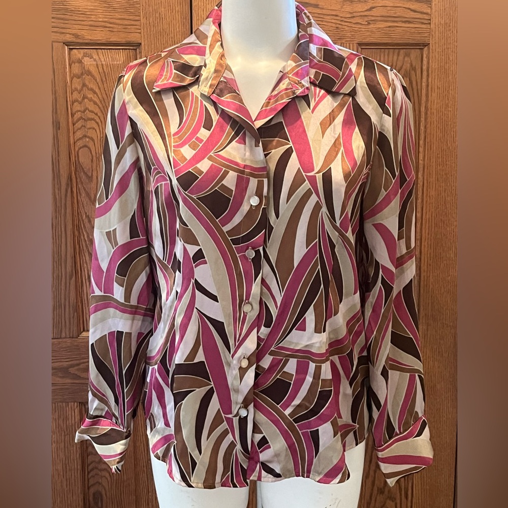 Vintage 90’s Giorgio Fiorlini Silky Abstract Wave Print Blouse  M-L